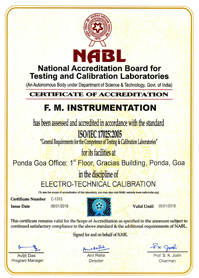 NABL Certificate issued to F.M. Instrumentation, Goa, India for Electro-Technical Calibration