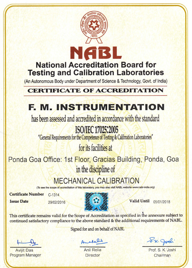 NABL Certificate issued to F.M. Instrumentation, Goa, India for  Mechanical Calibration