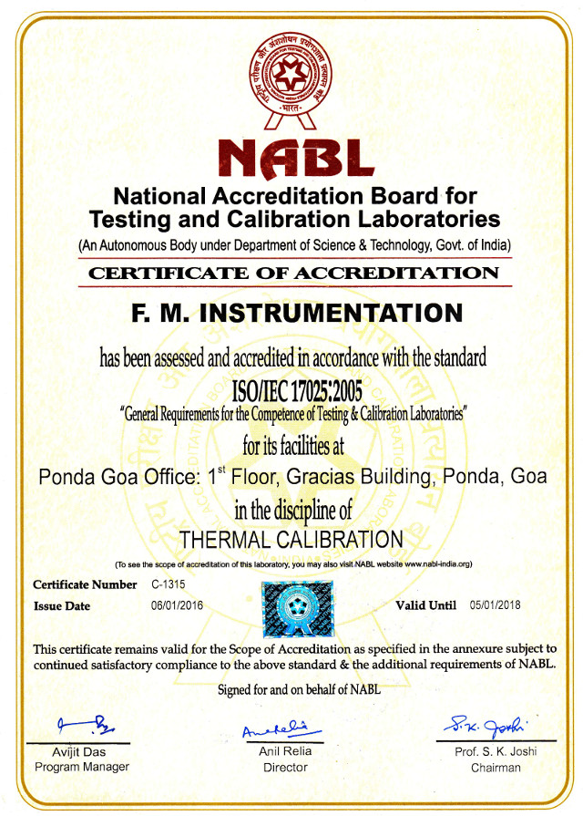 NABL Certificate issued to F.M. Instrumentation, Goa, India for Thermal  Calibration
